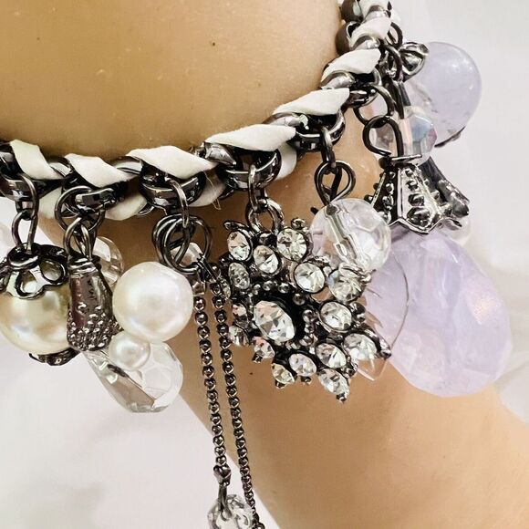 Art Glass Dangle Charm Bracelet Faux Pearl Leather Lilac Rhinestone Dangle - Picture 3 of 12